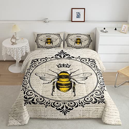 Erosebridal Sweet Honey Bee Comforter Set Twin Cute Kawaii Animal Bedding Comforters & Sets Retro Vintage Style Duvet Set 70S 80S Grunge Quilt Comforter Old Newspaper Print Bedding Breathable 2pcs