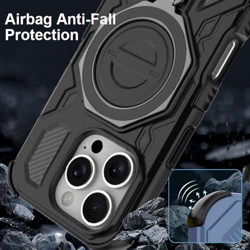 Image of KARWAN Tough Shockproof Armor Back Case Cover Compatible with iPhone 16 Pro Max with 360 Degree Rotation Magnetic Attraction Ring, Holder Heavy Duty Cover with MagEaze Wireless Charging (Black)