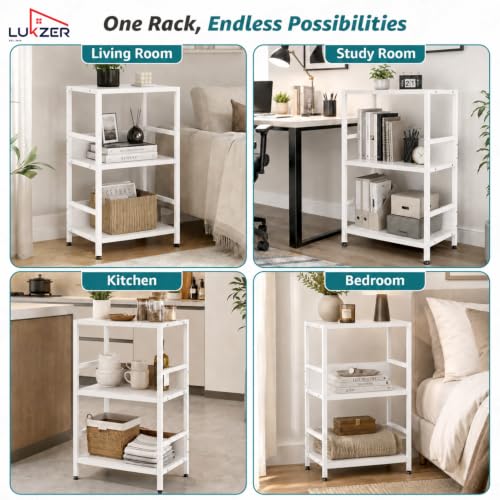 Image of Lukzer 3-Tier Wooden Bedside Table for Bedroom & Multipurpose Open Storage Shelf (MMR-006-White & White) Metal Side Tables for Living Room & Space-Saving Kitchen Organizer Rack (70 x 43 x 30 cm)