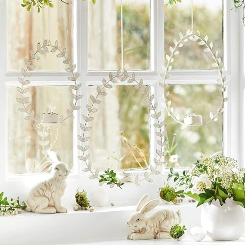 Loberon Hängewindlicht 3er Set Guelph, DREI Größen, filigraner Blätterkranz in Eiform, detailverliebt gearbeitet, Ostern, Osterdekoration, Eisen, antikweiß