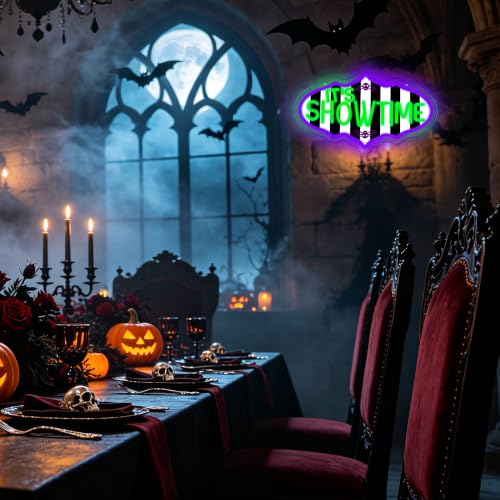 Image of It'S Showtime Neon Sign Halloween Horror Movie Neon Light LED Spooky Gothic Wall Decor USB Powered, for Home Theater Halloween Party Spooky Theme Movie Lounge Stage Bar(16.1 * 9.4 In)