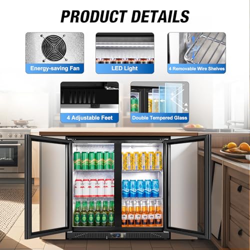 Image of Beverage Refrigerator Under Counter, Back Bar Cooler with 2 Glass Door, Commercial Display Fridge 35.42 Inch Wide 7.4 Cu.Ft, Drink Fridge for Beer Soda Wine, Beverage Cooler for Kitchen Shop Bar