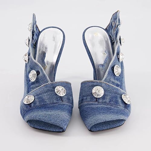 MILDSEVEN Women's Fashion High Heel Denim Slippers with Metal Buttons, Popular Sexy Casual Peep Toe Mules for Banquets, Parties And Wedding2