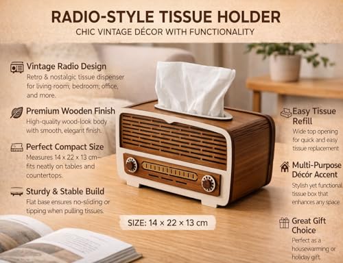 Image of Radio Wooden Tissue Box - Retro Tissue Holder for Home, Office & Car | Creative Wooden Napkin Dispenser | Decorative Tissue Case for Living Room & Bedroom (Radio Tissue Holder)