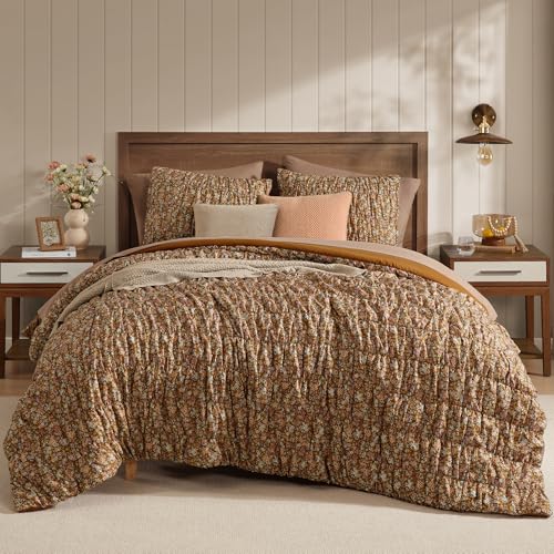 Full Size Comforter Sets-7 Pieces Puff Brown Floral Bedding Set for All Seasons, Shabby Chic Farmhouse Bed in a Bag Full with Floral Comforter, Sheets, Pillowcases & Shams
