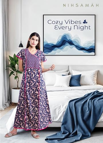 Image of NIHSAMAH Cotton Night Gown for Women - Angrakha Style Nighty, Comfortable Sleepwear /Nightwear /Maxi