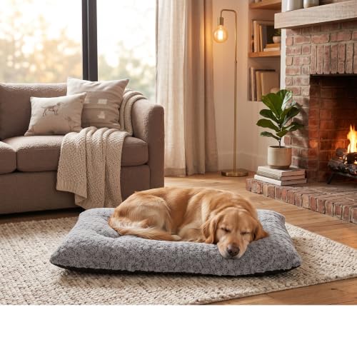 Lafyette. – US Based, Washable Faux Fur Dog Bed, Deluxe Plush Dog Crate Bed, Comfy Kennel Pad, Anti-Slip Pet Sleeping Mat, Soft Cozy Mattress for Large, Medium, Small Size Breed Dogs, 35″ x 23″, Grey