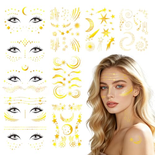 Sularpek Pack 10 Tatouages Paillettes Visage Or pour Festival de Musique Halloween Carnaval Fête Déguisée Autocollants Temporaires Étoiles Lune Brillant