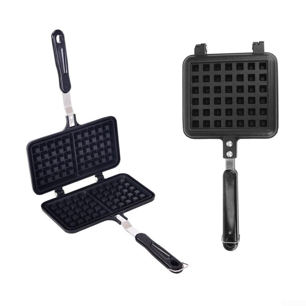Sartén antiadherente belga para estufa de gas, parrilla giratoria de metal para desayuno, cocina de doble cara con mango resistente al calor (gofre de dos cabezas)
