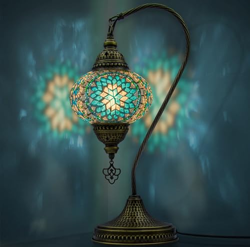 VALVELLO | Lampe Turque | Turquoise | Marocaine Mosaïque Col de Cygne, Veilleuse, Style Tiffany,...