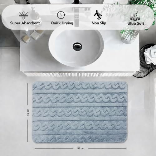Image of LUXE HOME INTERNATIONAL Microfiber Bath Mat for Bathroom Anti Slip Water Soak Plush Soft Chain Stripe Door Mat for Home Bedroom Washable Floor Rug (40x58cm Blue) Pack of 1