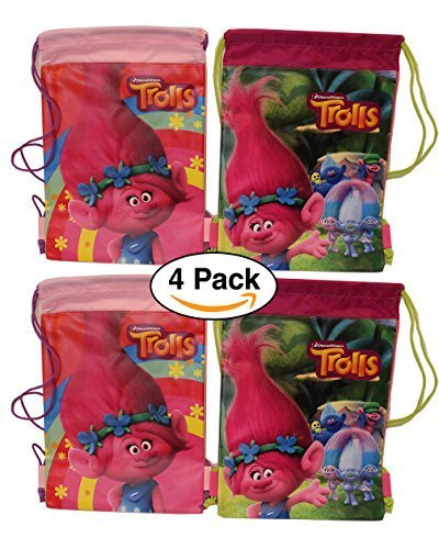 4 pack - Trolls Dreamworks Drawstring Bag | Backpack for Party Favors | Goodie bags, 2 different designs assorted. designs may vary