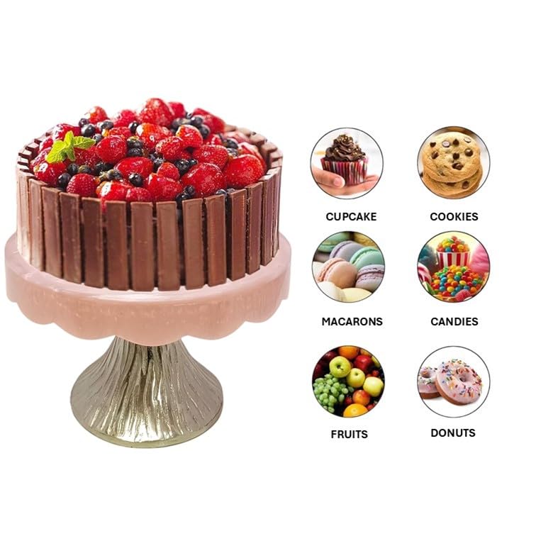 Image of Elegant Pink Resin Cake Stand with Metallic Pedestal - Perfect for Dessert Displays at Any Event, Adding a Touch of Sophistication and Charm to Your Table Setting