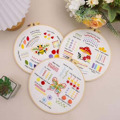 Image of Louise Maelys Embroidery Kit for Beginners,3 Packs Practice Tool for Adults,Learn 30 Basic Stitches,DIY Hand Sewing Gift,Cross Stitch Starter Kits with Hoop Needles Instruction and Threads