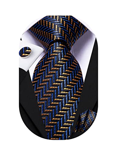 Image of Dubulle Mens Tie Set Solid Paisley Silk Striped Necktie for Men with Cufflinks Tie and Pocket Square,Blue Brown