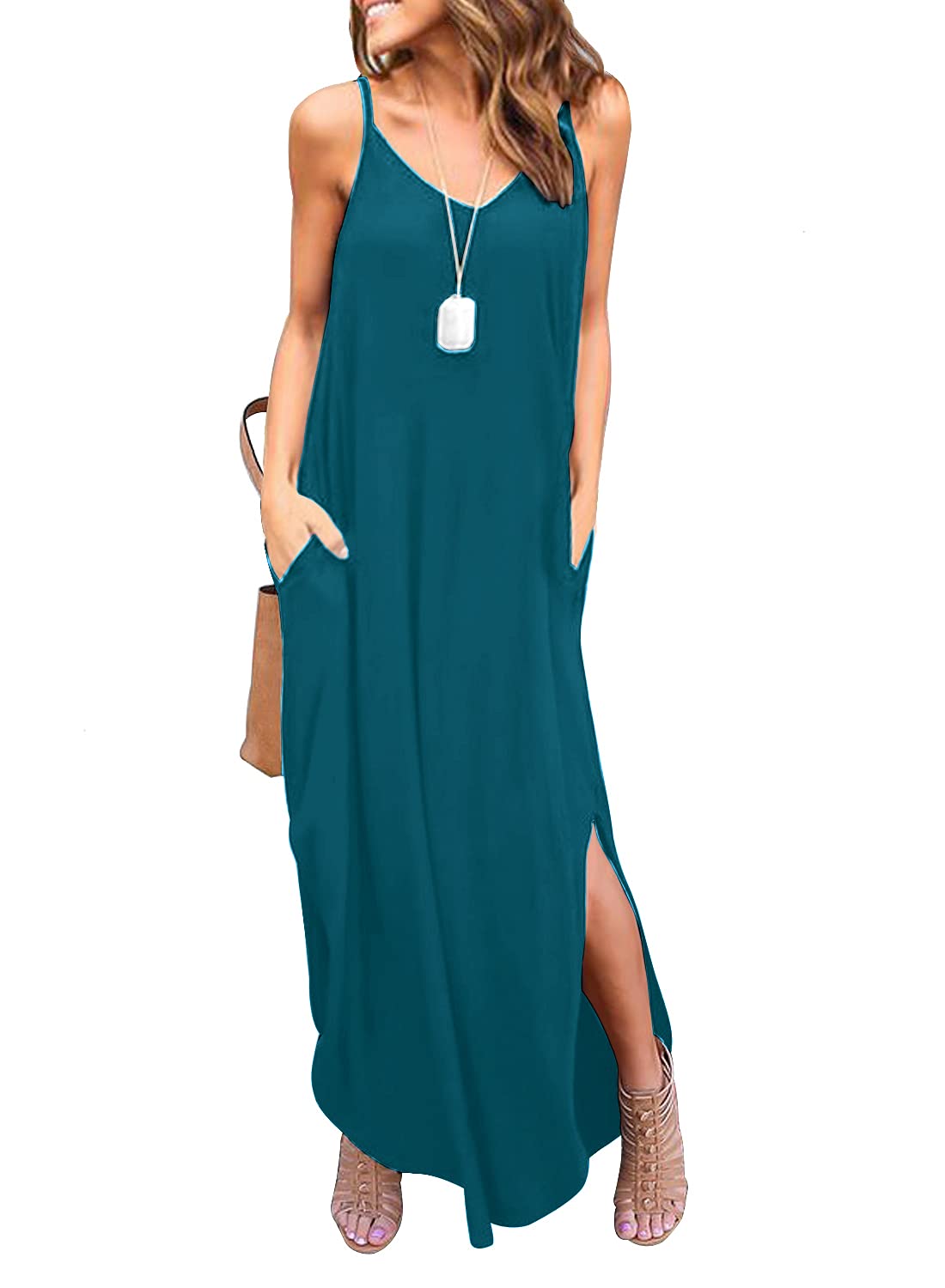 HUSKARY Vestido de Verano para Mujer, Informal, sin Mangas, Cuello en V, Tirantes Sueltos, Vestido de Playa, Vestido Largo con Bolsillo