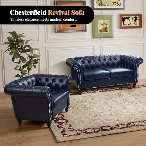 Image of LEVNARY Chesterfield Armchair, Tufted Leather Accent Chair, Mid-Century Modern Single Chair with Rolled Arms and Nailhead Trim, PU Leather Reading Chair for Living Room (Blue)