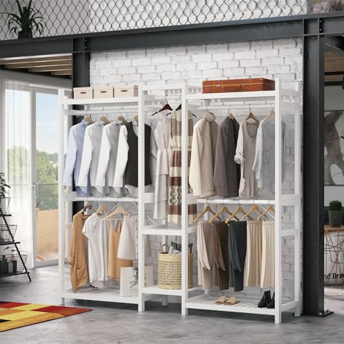 Homykic-Bamboo-Closet-System-Clothes-Rack-Large-Freestanding-Garment-Rack-Clothing-Rack-for-Hanging-Clothes-with-7-Storage-Shelves-and-5-Rods-Open-Wardrobe-Organizer-with-4-Hooks-White Homykic Bamboo Closet System Clothes Rack Large Freestanding Garment Rack Clothing Rack for Hanging Clothes with 7 Storage Shelves and 5 Rods Open Wardrobe Organizer with 4 Hooks White