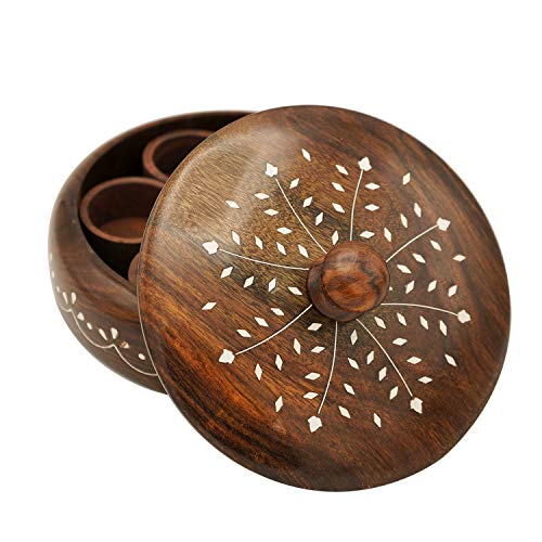 Image of Naayaab Craft Pakka Sheesham Wooden Masala Box 7 Part - Anjarai Petti - Round Design -(19X19X5) Cm, Brown