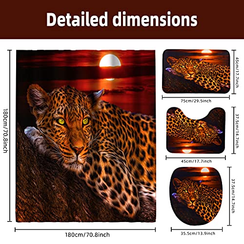4Pcs Moon Leopard Cheetah Shower Curtain Sets with 12 Hooks,Bathroom Curtains Shower Set Toilet Mat Lid Rug,Bathroom Sets Shower Curtain Sets and Rugs and Accessories,70.8x70.8inch