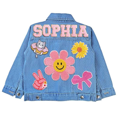 Personalized Kids Denim Jacket for Girls 1-8T (6 Optional Sizes)|Kids Jean Jacket with Custom Name & Patches|Birthday Gifts Back to School Outfits Spring&Fall Jackets