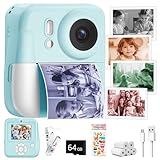 Kids Camera Instant Print Color Photos, Dual-Lens Instant Print Camera for Kids, Toddler Portable Travel Digital Camera Toy for 6 7 8 Year Old Boys Girls Christmas Birthday Gifts 64GB Card