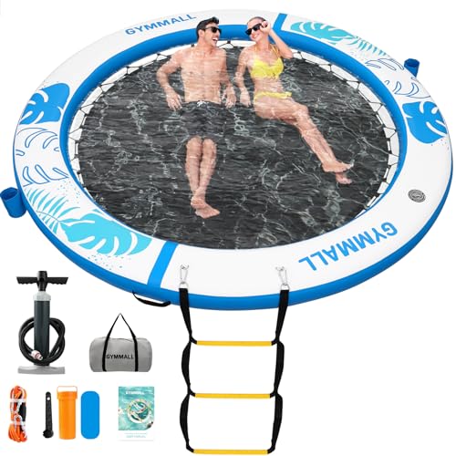 Image of Inflatable Water Hammock Floating Dock 8 FT with Mesh, Tanning Pool Raft Round Ring for Adults, Float Platform for Lake and Beach with Water Ladder and Cup Holder