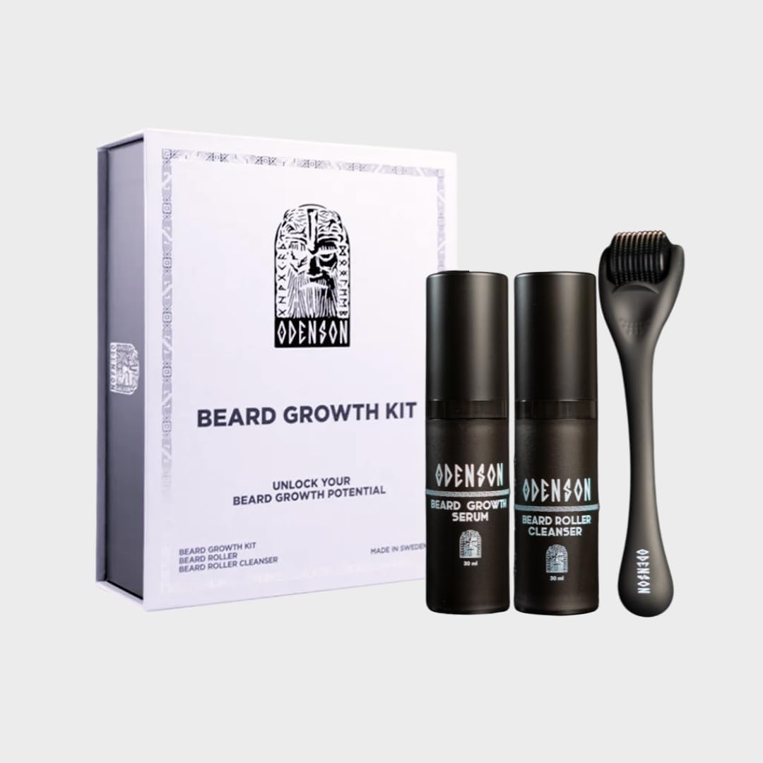 Odenson Zestaw na Porost Brody- Serum na Porost Brody dla Gęstszej i Grubszej Brody - Derma Roller do Wzrostu Włosów na Twarzy dla Mężczyzn - Spray do Czyszczenia Derma Rollera