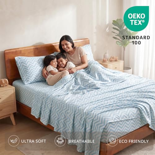 Image of LANE LINEN 100% Organic Cotton Fitted Bedsheet Double - Chevron Cool Blue | GOTS Certified, Percale Weave, 78x60 inches, Fits Upto 12 inch Mattress, Soft, Breathable, Washable, 2 Pillow Covers