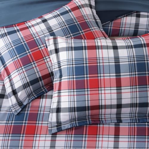 Image of MaiReve Full Size Plaid Comforter Set Navy Red, Classic 7 Pieces Farmhouse Bedding Set, All Season Lightweight Bed in A Bag with Sheets, Pillowcases & Shams