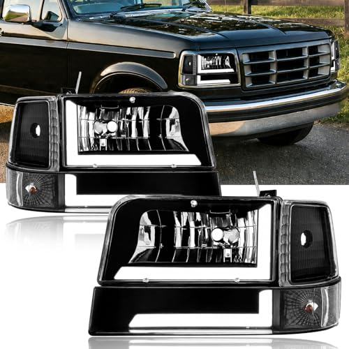 Fullux LED DRL Headlights Compatible with 1992-1996 Ford F150 F250 F350 & Bronco Replacements Headlamp Clear Reflector Black Housing