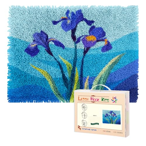 DIY Latch Hook Kit Rug for Adults Iris Flowers Seaside Scene Pre-Printed Handmade Carpet Crochet Yarn Craft Hook and Latch Door Mat Tapestry Home Floor Decor 52x38cm-3
