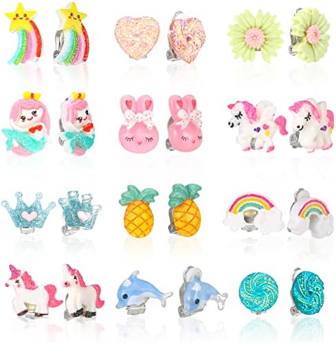 picidae 12 Pairs Kids Clip On Earrings for Girls, No Pierced Design Earrings, Rainbow Earrings for Kids, Princess Clip-on Earrings, Clip On Earrings Stud Set, Dress Up Princess Jewelry Accessories