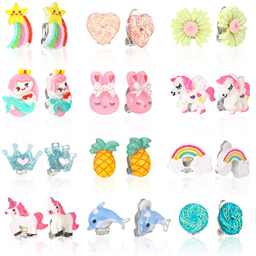 12 Pairs Kids Clip On Earrings for Girls, No Pierced Design Rainbow Earrings for Kids, Princess Clip-on Stud Set, Dress Up Princess Jewelry Accessories