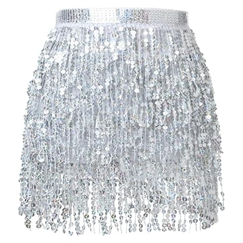 Soudittur Sequin Skirt for Women Fringe Skirt Multilayer Sparkly Skirt Party Dance Performance Costume Rave Skirt (Silver) Cover