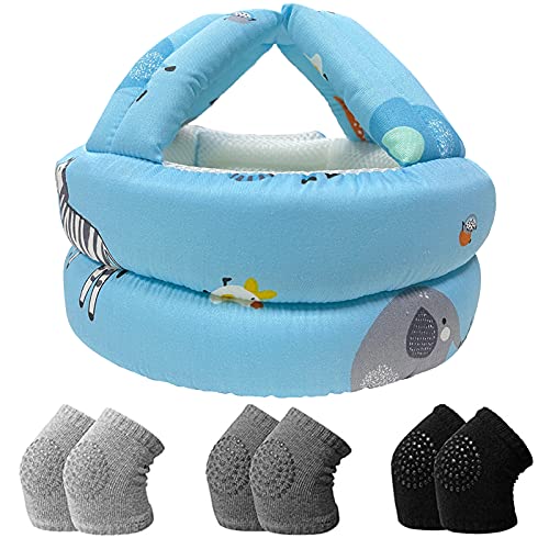 Image of IULONEE Toddler Infant Helmet & Baby Knee Pads 3 Pairs, No Bump Safety Head Cushion Bumper Bonnet Adjustable Protective Cap Breathable Mesh Child Safety Hat for Running Walking Crawling (Blue Zoo)