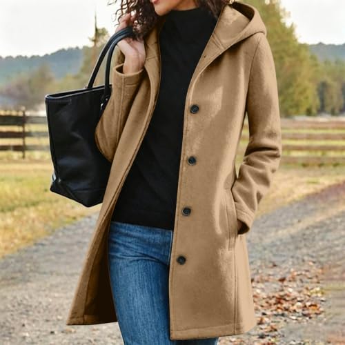 Gaexia Pea Coats for Women Long Hooded Jacket Mid Length Casual Trench Coat - image 3