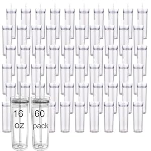 60 Pack 16 oz Acrylic Clear Tumblers With Lid And Straw Double Wall Tumbler Plastic Insulated Skinny Tumbler Iced Coffee Cups