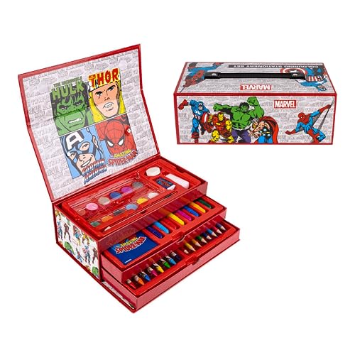 Marvel Avengers Juego de Papelería, Incluye Lápices de Color, Rotuladores, Acuarelas, Pincel, Esponja, Lapiz, Borrador, Ceras de Color, Cuaderno, Estuche Maletin, Set Escolar Niños
