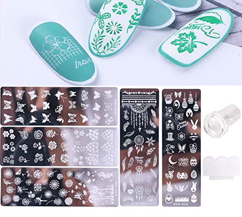 Nail Stamper Set 5PCS Nail Stamping Plates + 1 Stamper + 1 Scraper Lace,Butterfly Leaf Flower Rose Feather Nail Design For Acrylic Nail Supplies,DIY Nail Decoration Equipment Tool