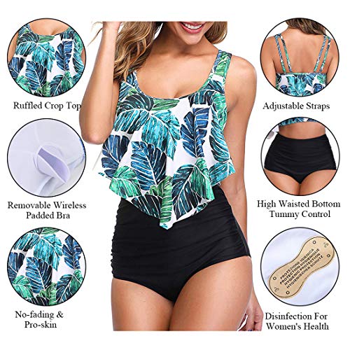 Image of Women High Waisted Bikini Swimsuit Flounce Vintage 2 Piece Bathing Suits | Vintage,tummy control,two piece bathing suits,plus size,swimwear,ruffled,tankini top,bikini bottom