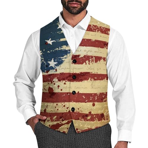 Grunge America Flag Men's Suit Vest Slim Fit V-Ncek Waistcoat Business Casual Vest