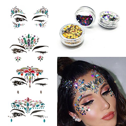 UAYF Rhinestone Mermaid Face Jewels Tattoo 4 Sets Festival Rainbow Tears Temporary Stickers And Free Body Glitter