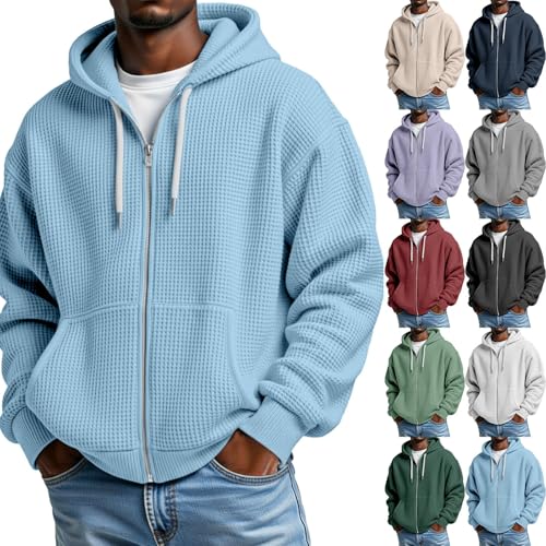 Zip Up Hoodie Men Waffle Knit Casual Hooded Sweatshirts With Pocket - image 1