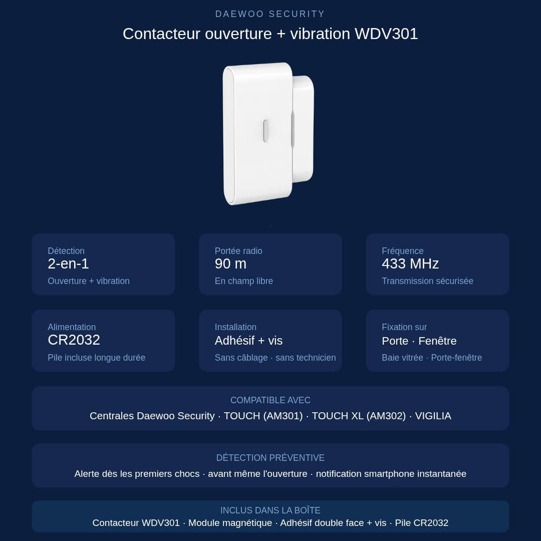 Daewoo Security - Contacteur Ouverture et Vibration sans Fil 2-en-1 WDV301 – Détecteur Porte Fenêtre et Baie Vitrée – Anti-Effraction – Alerte Avant Intrusion – sans Abonnement