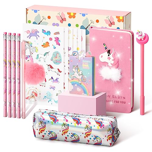 Cooyou Cadeau de Papeterie Licorne pour Fille 6 7 8 9 10 11 12 Ans, Trousse, Stylo, Crayon et Carnet de Licorne, Ensemble de Jouets Licorne pour Filles, Rose