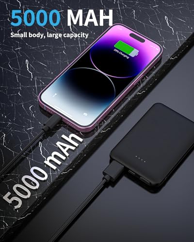 EUARY Power Bank 5000 mAh, piccola e leggera, mini batteria esterna portatile, con cavo, batteria esterna leggera (nero)