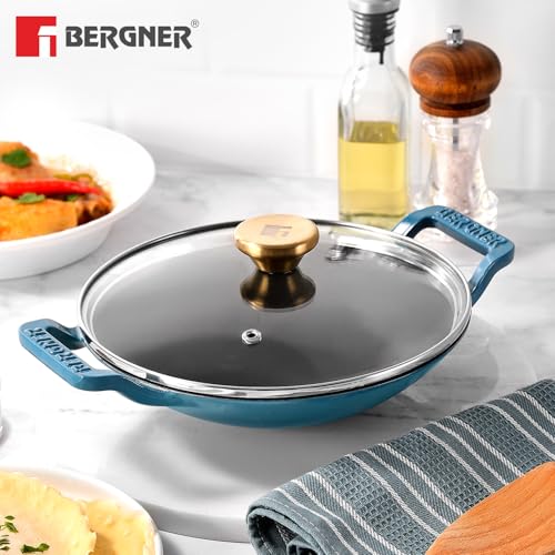 Image of BERGNER Excalibur Lightweight Cast Iron Appachetty with Lid 22cm (1L), Non-Stick Coating, PFAS Free, Perfect Heat Distribution, Elegant Design, Silicone Grips - Induction and Gas Stove Ready (Blue)
