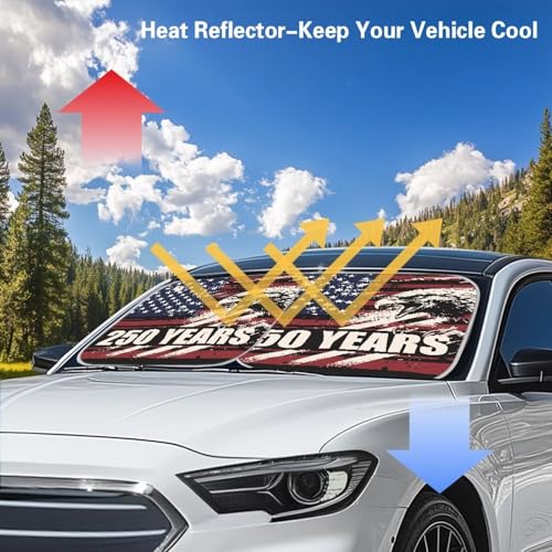 Image of Windshield Sun Shade Foldable 2 PCS 250 Years American Eagle Automotive Windshield Sunshades Sun Visor Reflect UV Sun and Heat and Protect Your Car, Universal Fit for Cars
