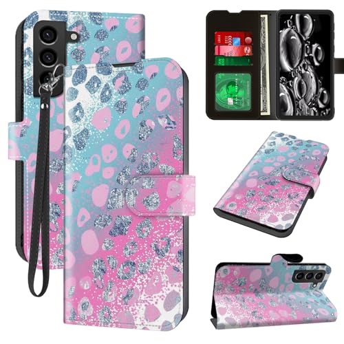 ACWDMKH for Samsung Galaxy S21 FE Case with Card Holder & Kickstand & Wrist Strap Wallet Flip Folio Leather Magnetic Protective Shockproof Phone Case for Samsung S21 FE 5G,Pink Leopard Print